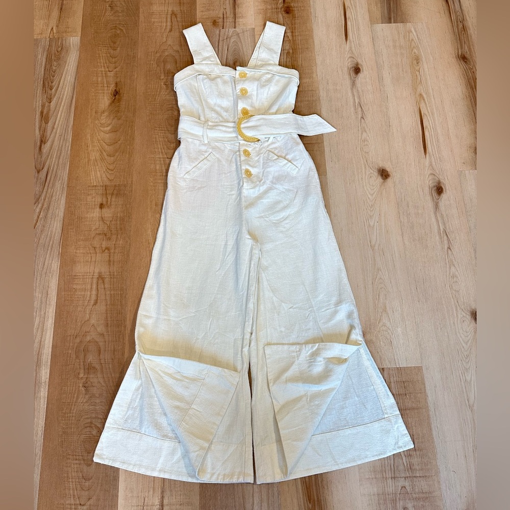 Anthropologie Button Front Belted Wide Leg Crop Jumpsuit Cream Size 00 Linen - Picture 4 of 16
